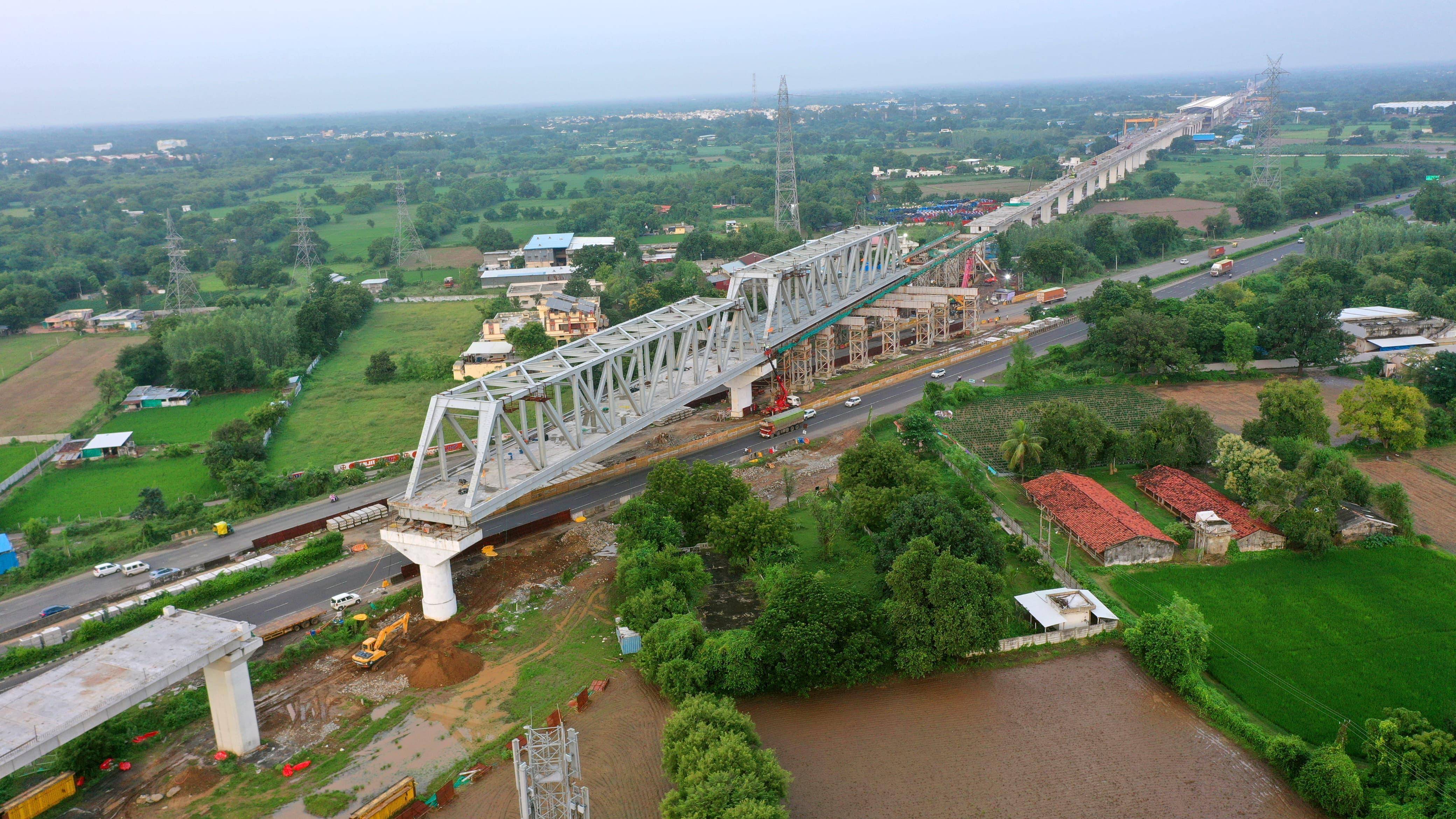 High-Speed Rail Progress: Ninth Steel Bridge Launched Over NH-48 for Mumbai–Ahmedabad Bullet Train